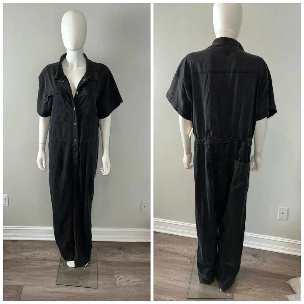 Free People FP Movement *Kali* black distressed snap front utility jumpsuit S